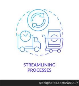 Streamlining processes blue gradient icon. Machine industry. Lean manufacturing principles abstract idea thin line illustration. Isolated outline drawing. Myriad Pro-Bold font used. Streamlining processes blue gradient icon