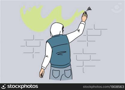 Street art and graffiti concept. Young man standing backwards making graffiti with yellow color on wall outdoors vector illustration . Street art and graffiti concept