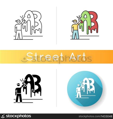 Street art icon. Contemporary cultural movement. Modern painting creating. Independent artist. Graffiti drawing. Linear black and RGB color styles. Isolated vector illustrations. Street art icon