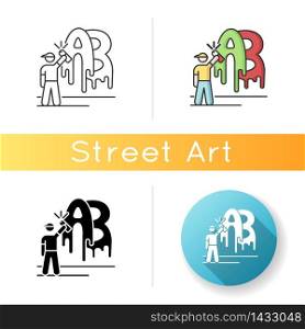 Street art icon. Contemporary cultural movement. Modern painting creating. Independent artist. Graffiti drawing. Linear black and RGB color styles. Isolated vector illustrations. Street art icon