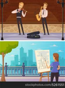 Street Artists Cartoon Horizontal Banners . Street artists cartoon horizontal banners with girl at easel and musicians playing outdoor flat vector illustration
