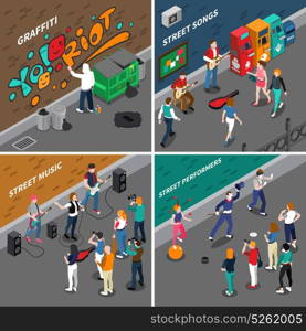 Street Artists Isometric Compositions. Street artists isometric compositions with musicians and singers, graffiti painters, pantomime actors and audience isolated vector illustration