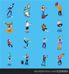 Street Artists Isometric Set. Street artists isometric set with musicians, painter, acrobats, graffiti, dancer, pantomime on blue background isolated vector illustration