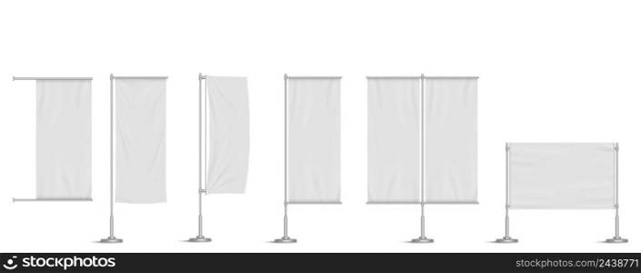Street banners, ads textile stands on metal poles. Vertical and horizontal vinyl signboards for city advertising. Blank billboards displays isolated on white background Realistic 3d vector mock up set. Street banners, ads textile stands on metal poles