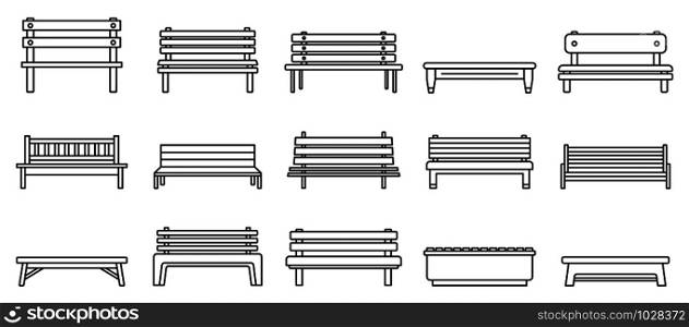 Street bench icons set. Outline set of street bench vector icons for web design isolated on white background. Street bench icons set, outline style
