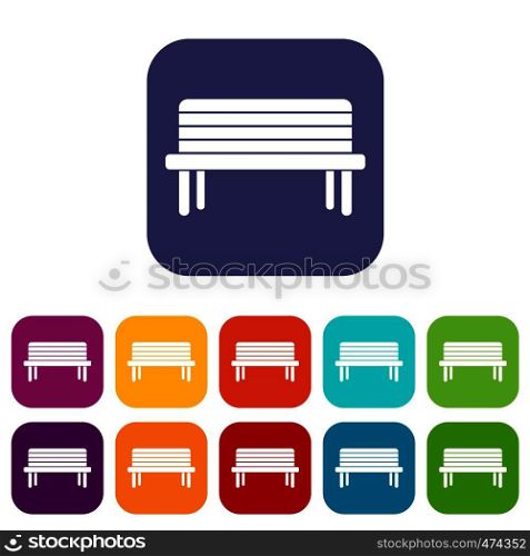 Street bench icons set vector illustration in flat style In colors red, blue, green and other. Street bench icons set