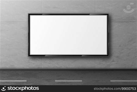 Street billboard for ad, display mockup hang on grey tiled wall along road. Blank white LCD screen, digital monitor for city advertising presentation. Horizontal background realistic 3d vector mock up. Street billboard for ad, display mockup on wall