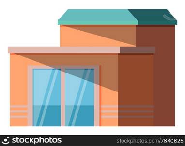 Street building facade, isolated construction with glass door vector. Shop or store and boutique, town or city architecture, front wall and entrance. Building Facade, Isolated Street Construction