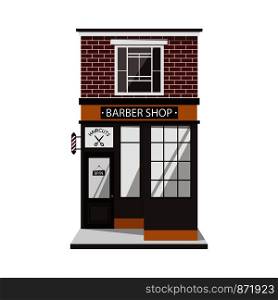 Street building facade of barbershop in vintage style. Isolated flat vector illustration for your design.. Street building facade of barbershop in vintage style. Isolated flat vector illustration for your design