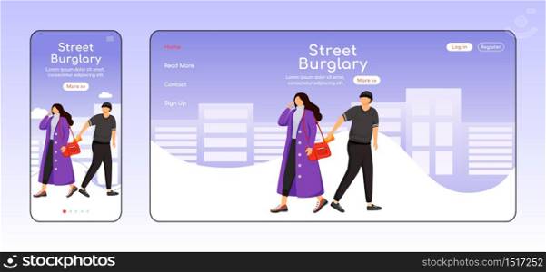 Street burglary adaptive landing page flat color vector template. Man stealing wallet from womans bag. Pickpocketing mobile and PC homepage layout. One page website UI. Webpage cross platform design