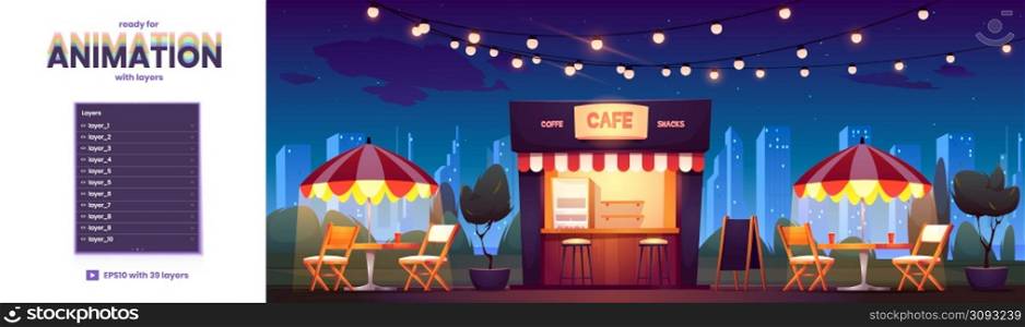 Street cafe at night cityscape background with layers for 2d game animation. Outdoor cafeteria stall with tables and chairs under umbrella and garlands at skyscrapers view, Cartoon vector illustration. Street cafe at night cityscape background, layers