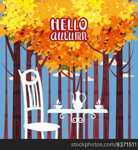 Street Cafe autumn outdoor, park, fall mood. Cup, chair, table, kettle retro style banner vector illustration. Street Cafe autumn outdoor, park, fall mood