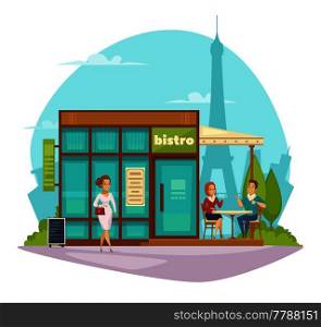 Street cafe bistro summer terrace awning flat composition with customers and eiffel tower on background  vector illustration . Bistro Cafe Terrace Flat Composition