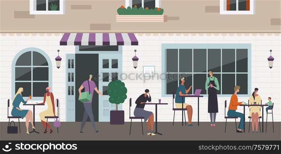 Street cafe composition with outdoor scenery restaurant exterior and human characters of visitors sitting at tables vector illustration