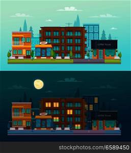 Street cafe day night 2 flat horizontal banners set with cafe restaurant bar composition isolated vector illustration .  Street Day Night Banners Set 