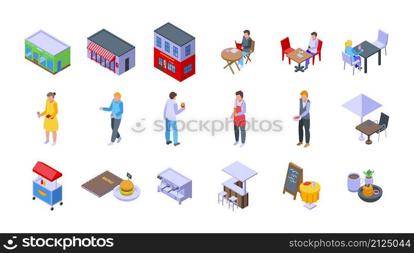 Street cafe icons set isometric vector. Adult city. Food bar. Street cafe icons set isometric vector. Adult city
