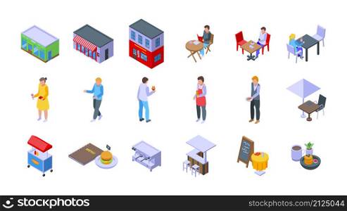Street cafe icons set isometric vector. Adult city. Food bar. Street cafe icons set isometric vector. Adult city