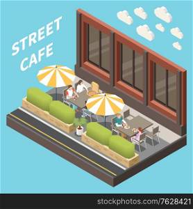 Street cafe terrace isometric and colored concept with two tables and big umbrellas vector illustration