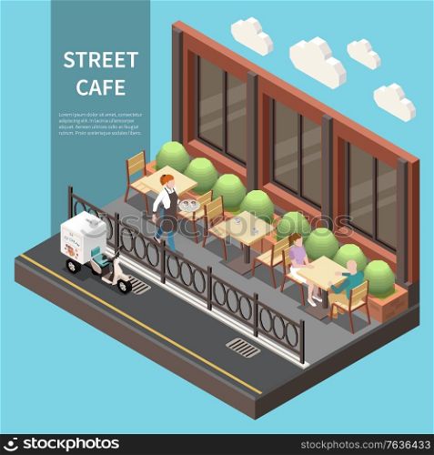 Street cafe terrace isometric colored composition with several tables on the open air veranda vector illustration
