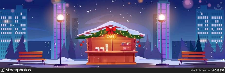 Street cafe with christmas decor at winter night cityscape background with skyscrapers. Outdoor cafeteria stall on sidewalk with l&s and benches. Coffee shop in town park Cartoon vector illustration. Street cafe with christmas decor at winter night
