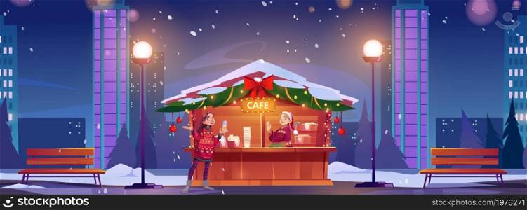 Street cafe with Christmas decoration and happy girls in ugly sweaters at night. Vector cartoon illustration of winter city landscape with market stall and young women with champagne and red santa hat. Street cafe with Christmas decoration and girls