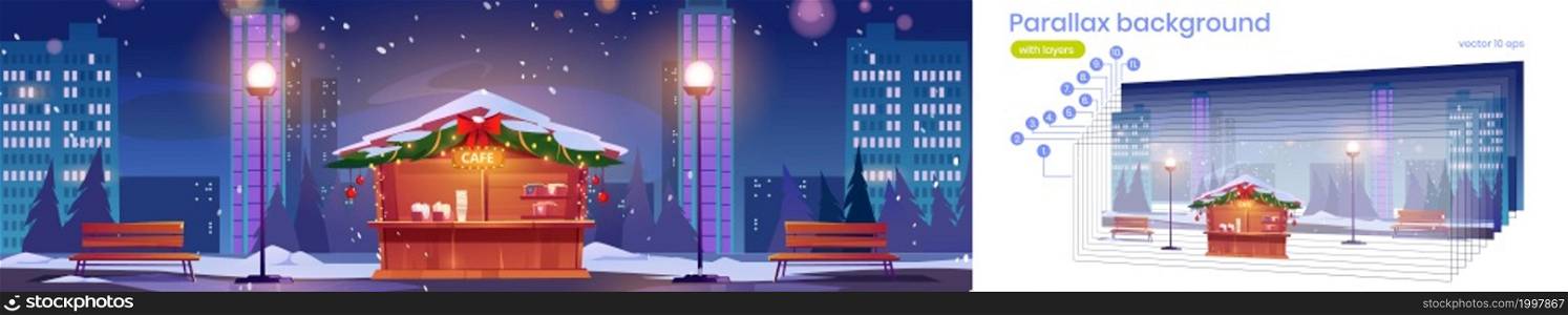 Street cafe with Christmas decoration in winter city at night. Vector parallax background for 2d animation with cartoon illustration of holiday market stall, lights, benches and houses. Parallax background with street cafe in Christmas