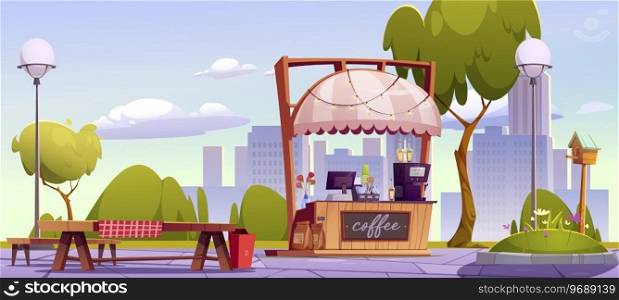 Street cafe with coffee in public city park. Cartoon vector summer or spring landscape of town garden with green trees, kiosk with hot drinks and table with bench on background of multistory buildings. Street cafe with coffee in public city park.