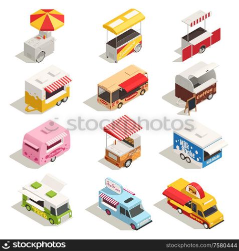 Street carts trucks isometric and colored icon set with food sweets and snacks vector illustration