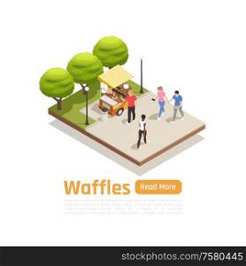 Street carts trucks isometric and isolated composition truck in park with sweets vector illustration