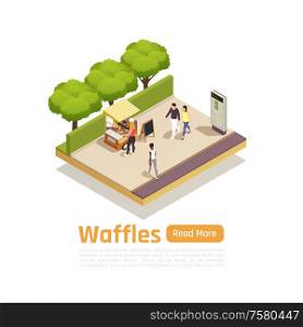 Street carts trucks isometric isolated composition with waffles for sale in the park vector illustration