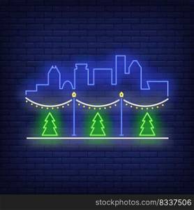 Street Christmas decoration neon sign. Glowing neon fir trees, garlands, buildings. New year, Christmas, winter. Vector illustration in neon style for greeting card, invitation, announcement