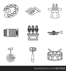 Street circus icons set. Outline set of 9 street circus vector icons for web isolated on white background. Street circus icons set, outline style