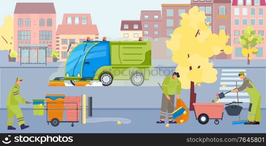 Street cleaning dust flat composition with outdoor view of city street with cleaner vehicles and people vector illustration