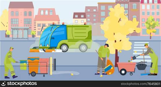 Street cleaning dust flat composition with outdoor view of city street with cleaner vehicles and people vector illustration