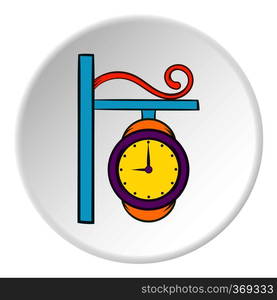 Street clock icon in cartoon style on white circle background. Time symbol vector illustration. Street clock icon, cartoon style