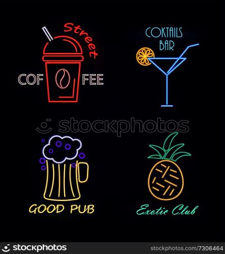 Street coffee and cocktails bar, good pub and elite club, collection of neon sign boards with light and shining, vector illustration isolated on blue. Street Coffee and Cocktail Bar Vector Illustration