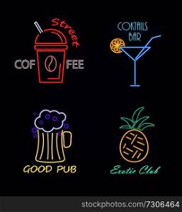 Street coffee and cocktails bar, good pub and elite club, collection of neon sign boards with light and shining, vector illustration isolated on blue. Street Coffee and Cocktail Bar Vector Illustration