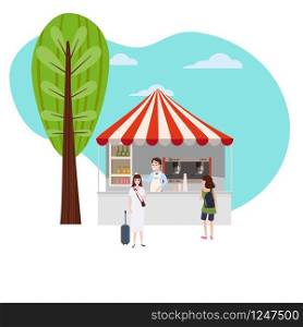 Street coffee shop market talls, cafe canopy and beverages. Street coffee shop market talls, cafe canopy and beverages. Barista seller and Buyers. Vector, Illustration, Isolated, Banner, Template Cartoon flat