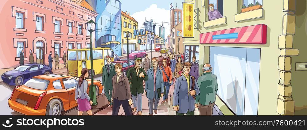 Street Crowd. People are going along the crowded city street. - This image is the 100% editable vector.- Includes: the Illustrator v.10 vector EPS file and the Hi-res JPG.- Each of the main characters and the background are placed on a different layers.- The shadows of the people are half-transparent. Enjoy!