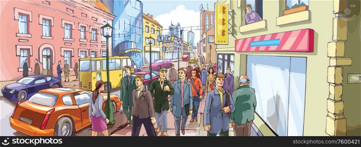 Street Crowd. People are going along the crowded city street. - This image is the 100% editable vector.- Includes: the Illustrator v.10 vector EPS file and the Hi-res JPG.- Each of the main characters and the background are placed on a different layers.- The shadows of the people are half-transparent. Enjoy!
