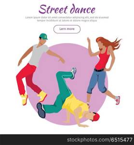 Street dance concept web banner. Flat style vector. Three break dancers, two man and girl dancing. Contemporary choreography. For dancing school, party, event, festival web page landing design. Street Dance Concept Flat Style Vector Web Banner. Street Dance Concept Flat Style Vector Web Banner