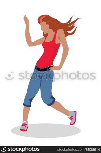 Street dancer vector illustration. Flat design. Red-head girl in shorts, shirt and sneakers dancing. Activity and sport For celebrating, party concepts, dancing club ad. Isolated on white background.. Street Dancer Woman Illustration in Flat Design. Street Dancer Woman Illustration in Flat Design