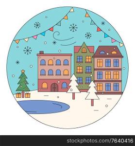 Street decorated for winter holidays vector. City view with buildings and nature. Homes and ice rink in front of house. Pine tree with presents under fir and ground covered with snow and snowflakes. Winter in City, Decorated Street for Christmas