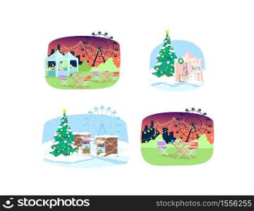 Street fair semi flat vector illustrations set. Amusement park carnival and christmas festive market with kiosks. Summer and winter festival 2D cartoon backgrounds pack for commercial use. Street fair semi flat vector illustrations set