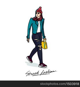 Street fashion. Stylish young woman. Sketch style illustration on white background. vector illustration. Street fashion. Stylish young woman. Sketch style illustration on white background. vector illustration.