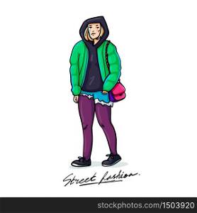 Street fashion. Stylish young womanin green dawn jacket. Sketch style doodle illustration on white background. vector illustration. Street fashion. Stylish young woman. Sketch style illustration on white background. vector illustration.