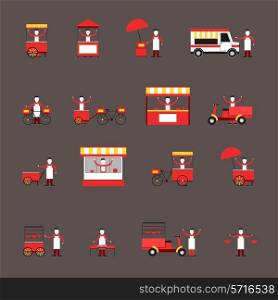 Street fast food icon flat set with people delivery truck cart isolated vector illustration