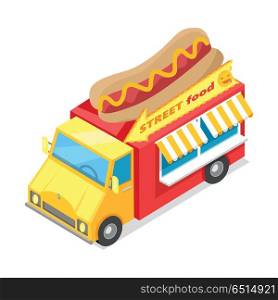 Street Fast Food Isometric Vector Illustration. Street food. Eatery on wheels with hotdog on roof isometric vector illustration isolated on white background. Bright Van food store with signboard. For cafe, snack bar web page design. Street Fast Food Isometric Vector Illustration