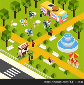 Street Fast Food Truck Isometric Banner. Street food truck in water park selling visitors donuts and coffee isometric composition poster abstract vector illustration