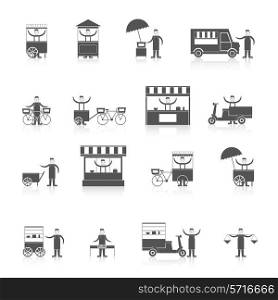 Street fast takeout food ice cream stall icon black set isolated vector illustration